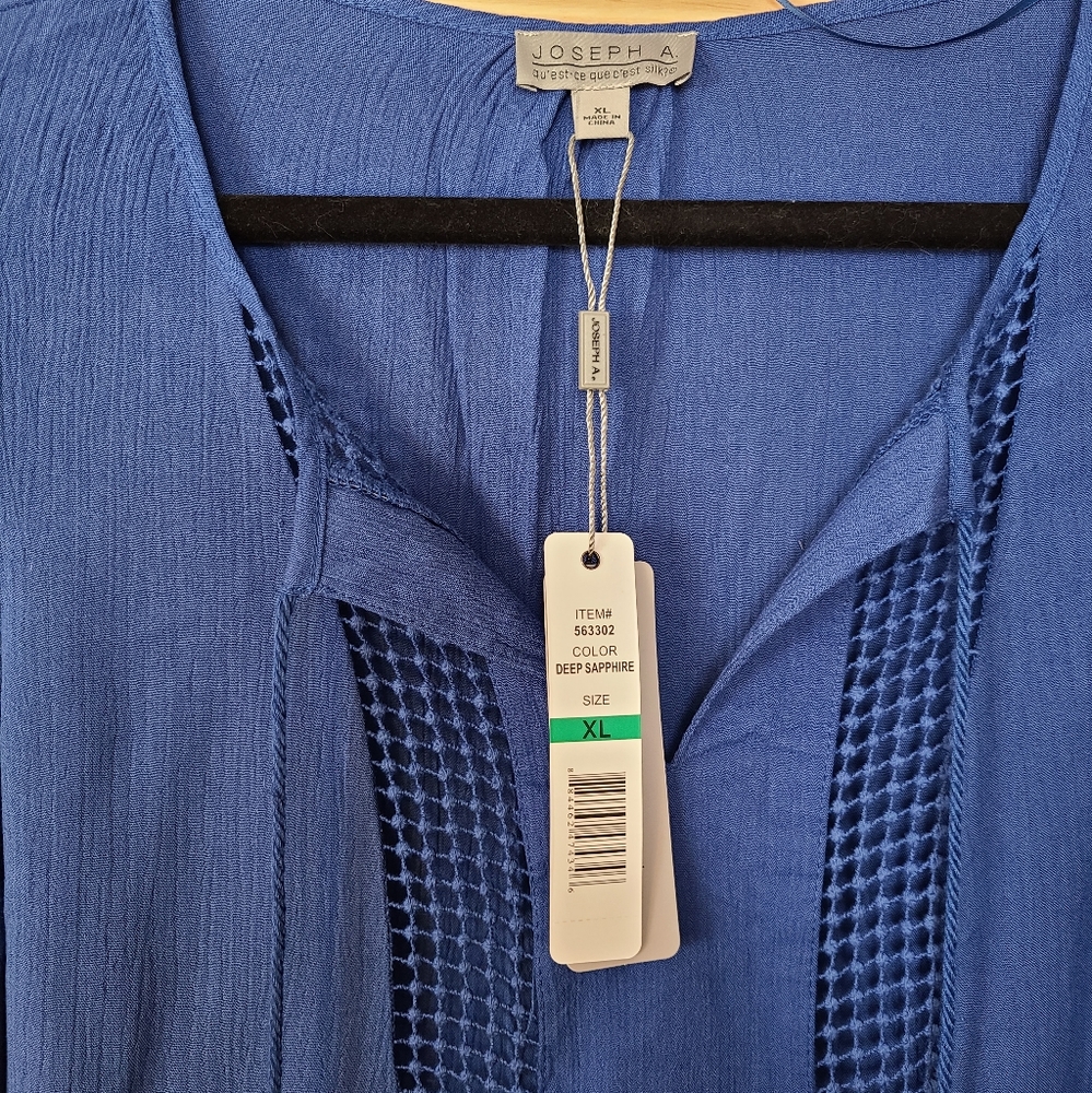 Joseph A. Crochet Detail Blouse Size X-Large Deep Sapphire Blue Tassel Ties NEW - Picture 4 of 7